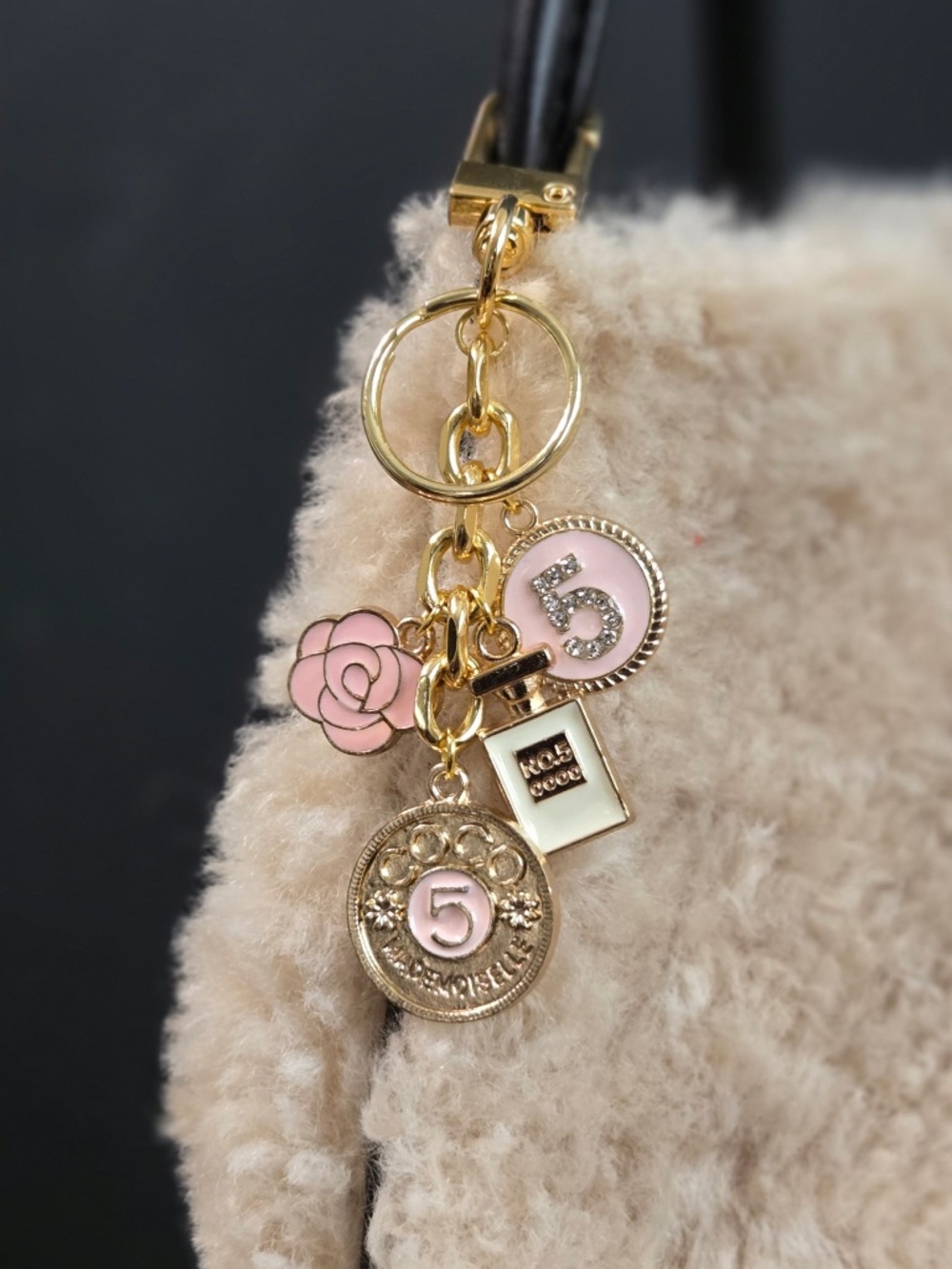 luxury inspired motif keychain bag charm | 18k gold plated | pink enamel pendant